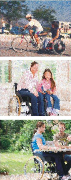 três fotos estilizadas de cadeirantes em diferentes situações: de carona em uma bicicleta, com a filha e sentada a mesa